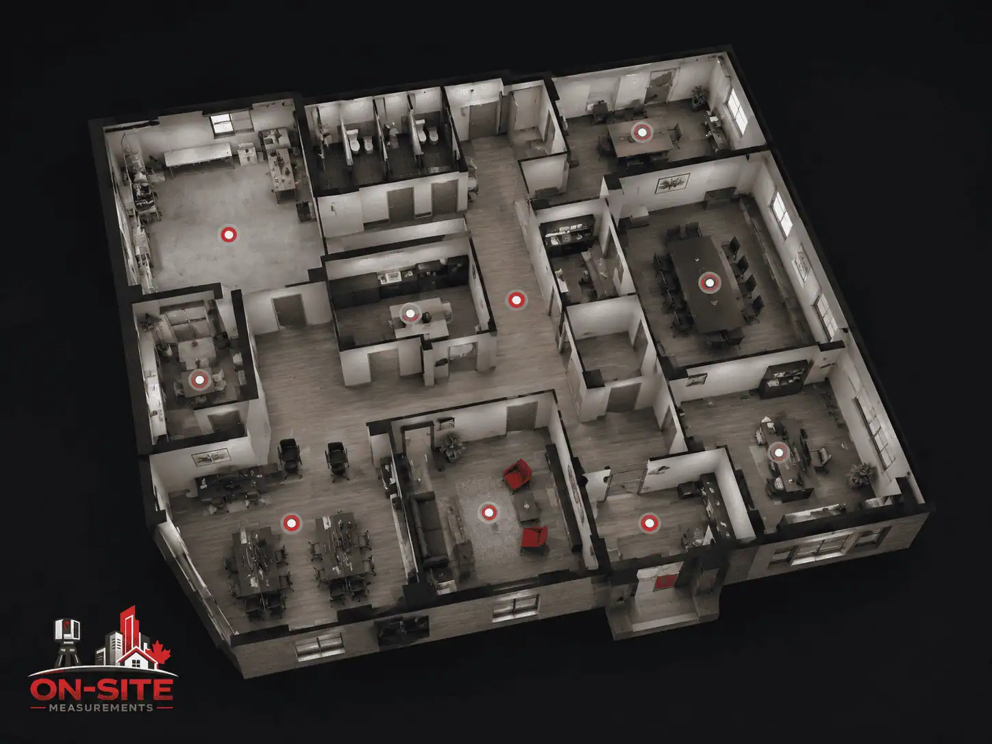 Overhead view inside a virtual tour showing floor plan layout of a captured multi-room facility